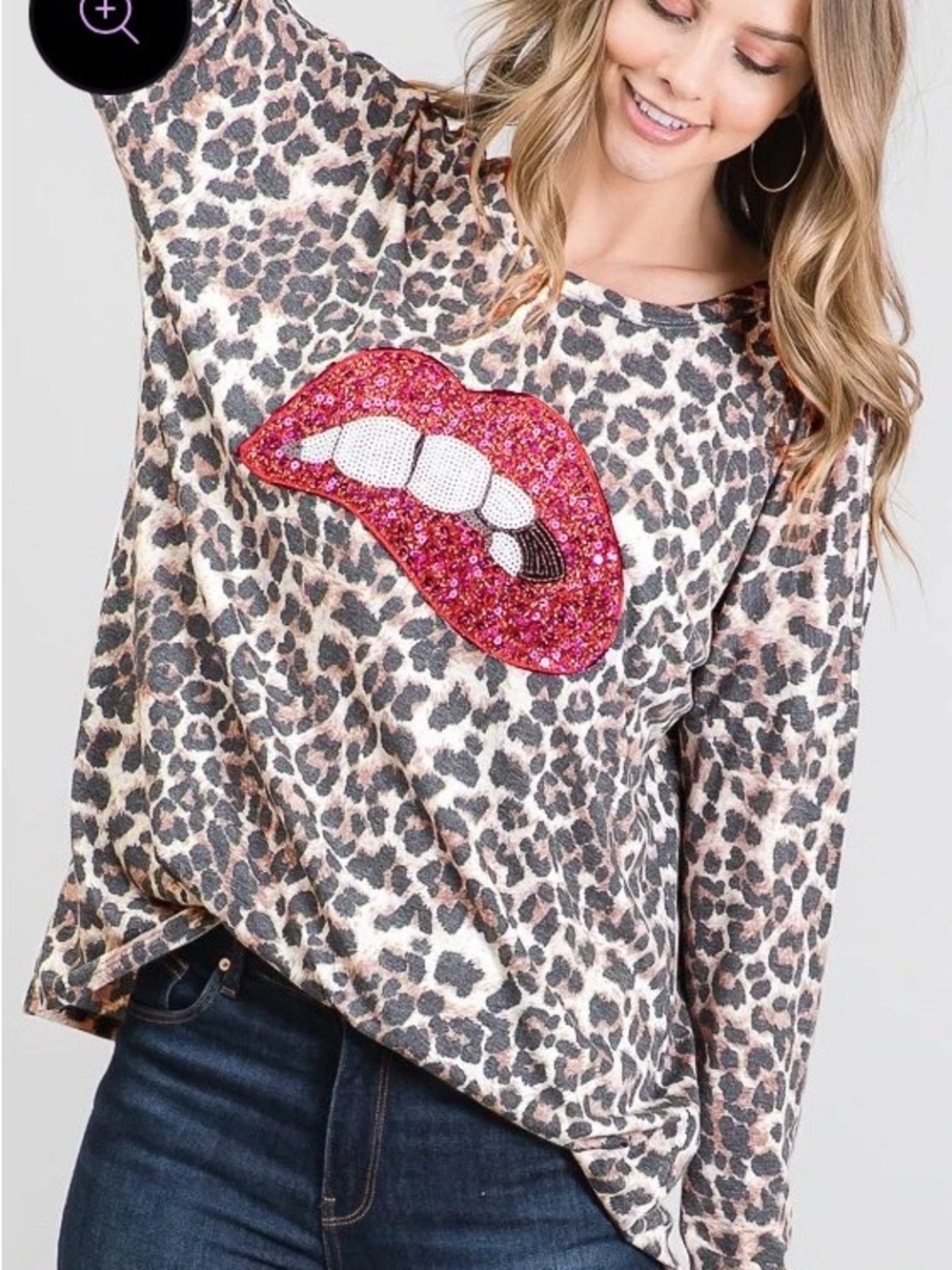 Vanilla Bay Leopard Print Pullover with Red Sequin Lip